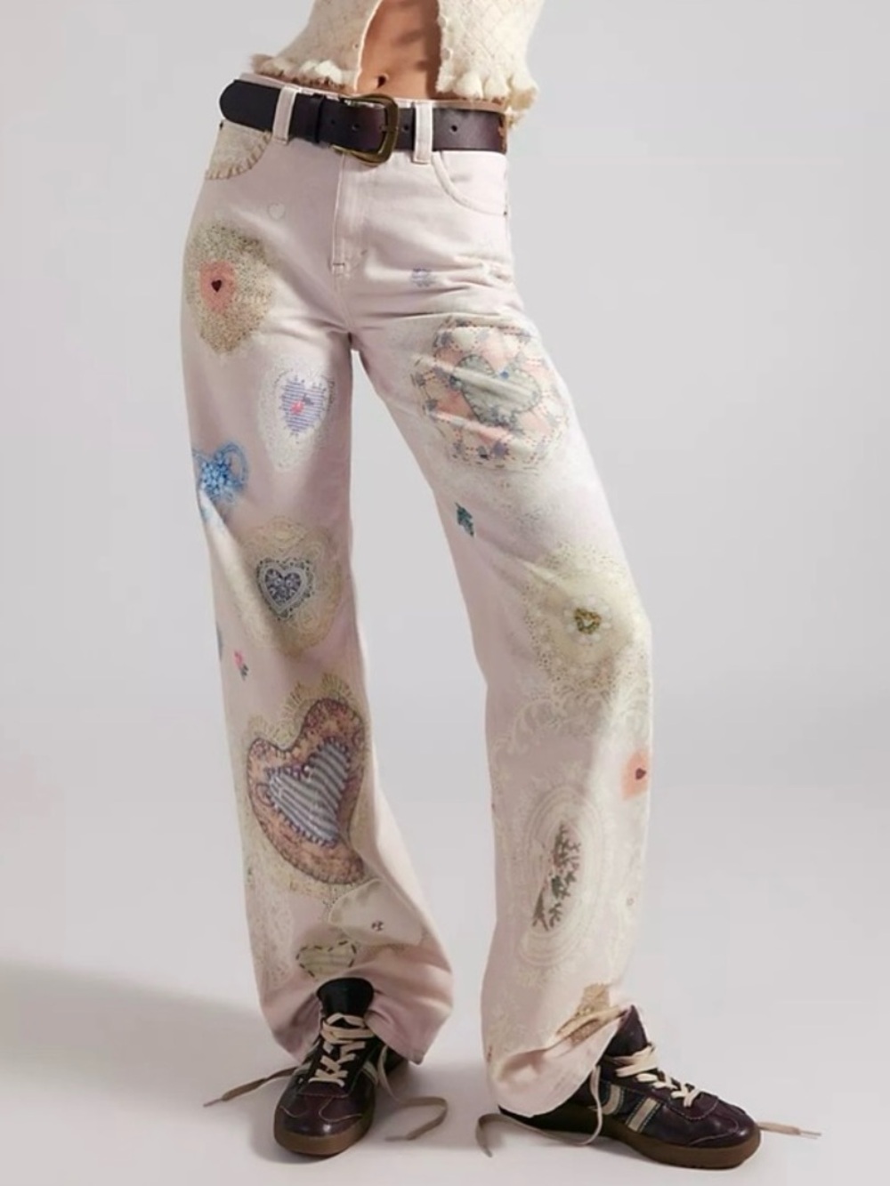 FREE PEOPLE Crochet Lace Patchwork Printed Straight Leg Jeans NEW Size 27